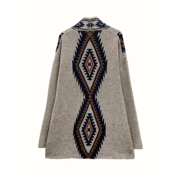 NEW Aztec Tribal Western Cardigan Sweater Grey Long Cozy Womens - Picture 2 of 5